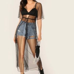 Tie waist sheer mesh kimono.